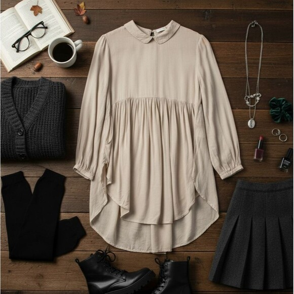 Urban Outfitters Cooperative Women's Size M Beige Babydoll Blouse Tunic - Picture 3 of 13